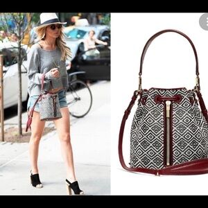 Elizabeth and James Geometric Bucket Bag – Black/White with Burgundy Strap